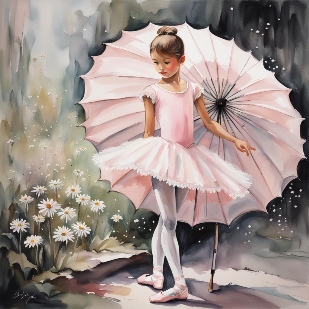 Cute Ballerina in Watercolor with Pink Parasol