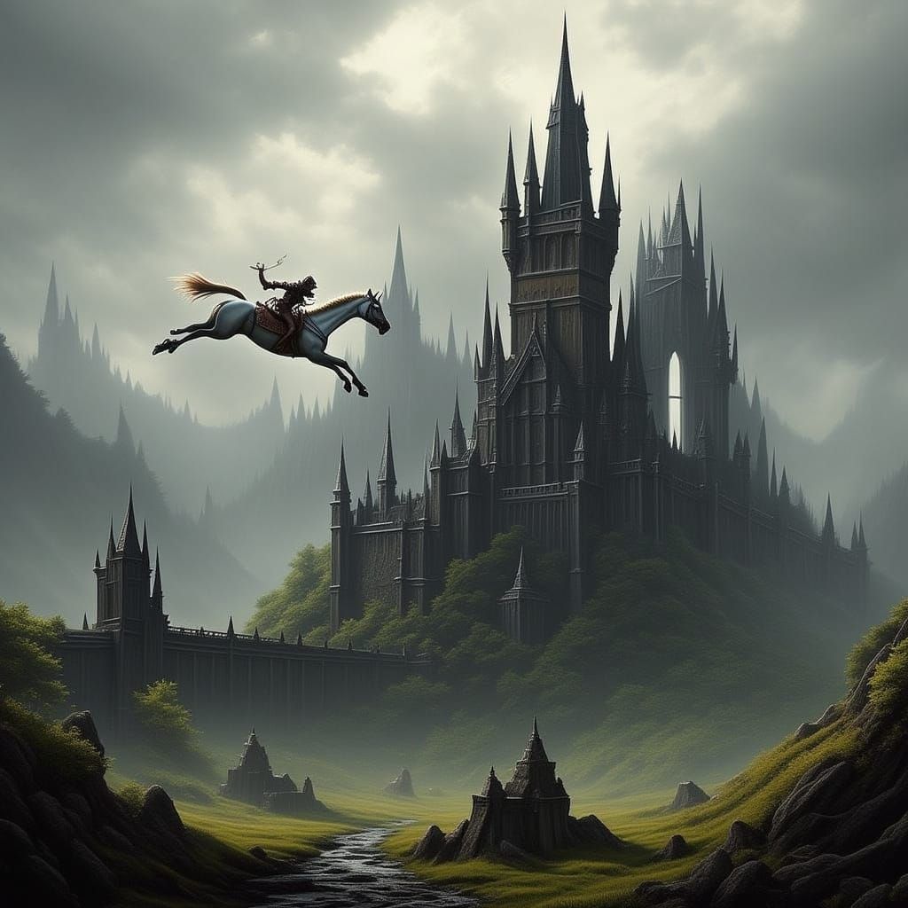 Majestic Flying Horse Soars Over Fantasy Castle