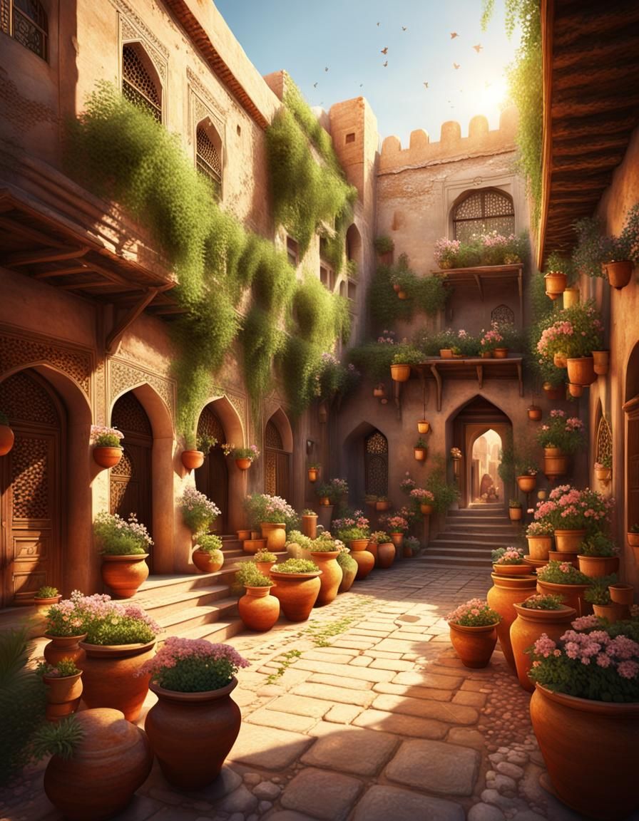 Bustling Arabic Courtyard with Flowering Plants