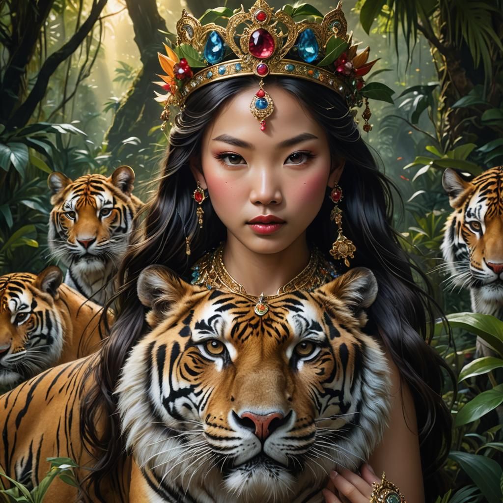 Asian Princess with Tiger in Jungle Scene