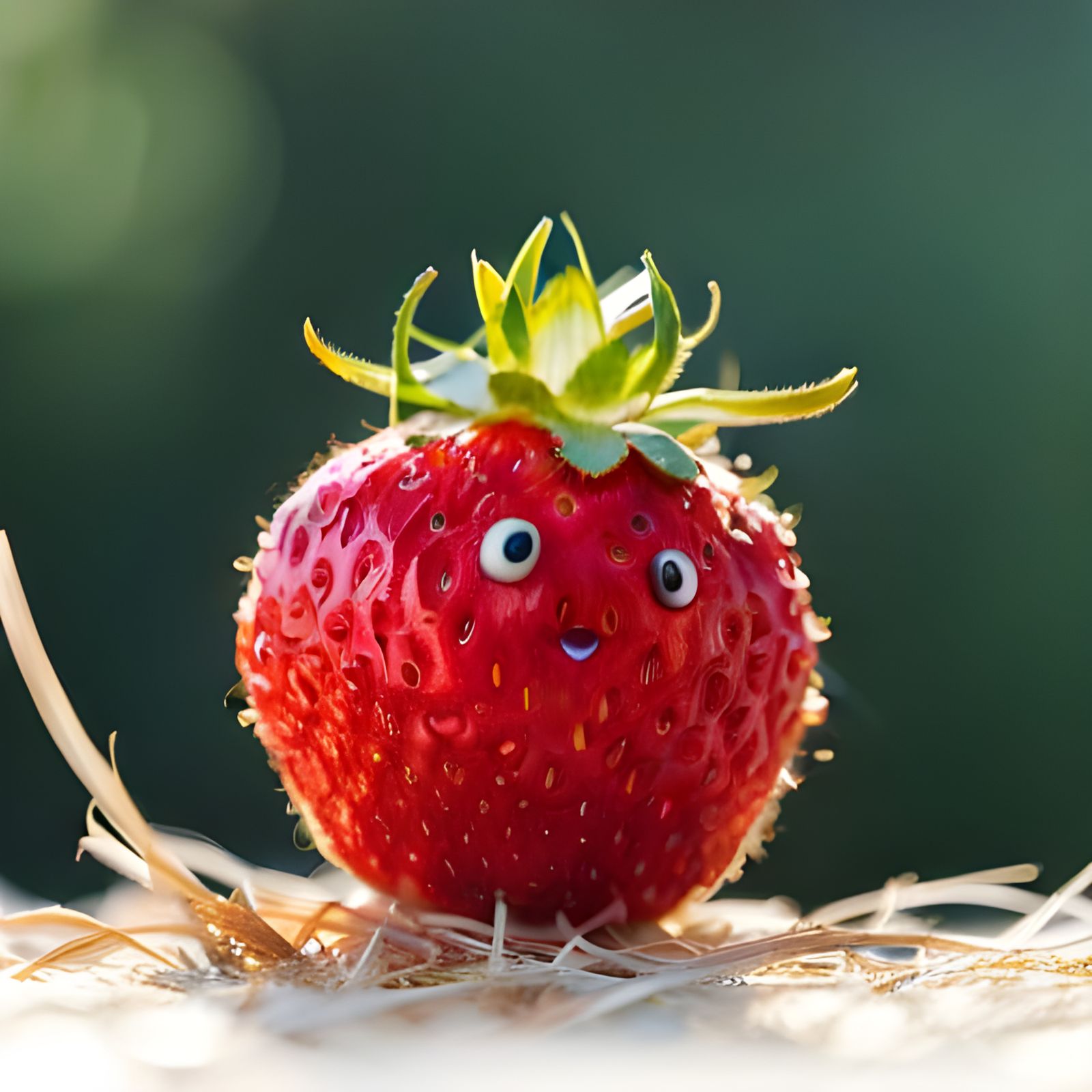 Happy Strawberry Relaxing on Straw Bed