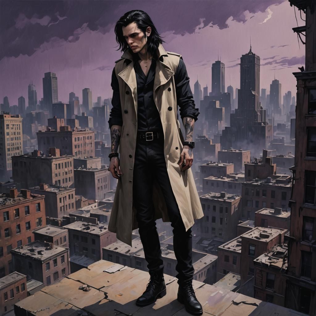 Gothic Man in Crumbling City: Dark Fantasy Art