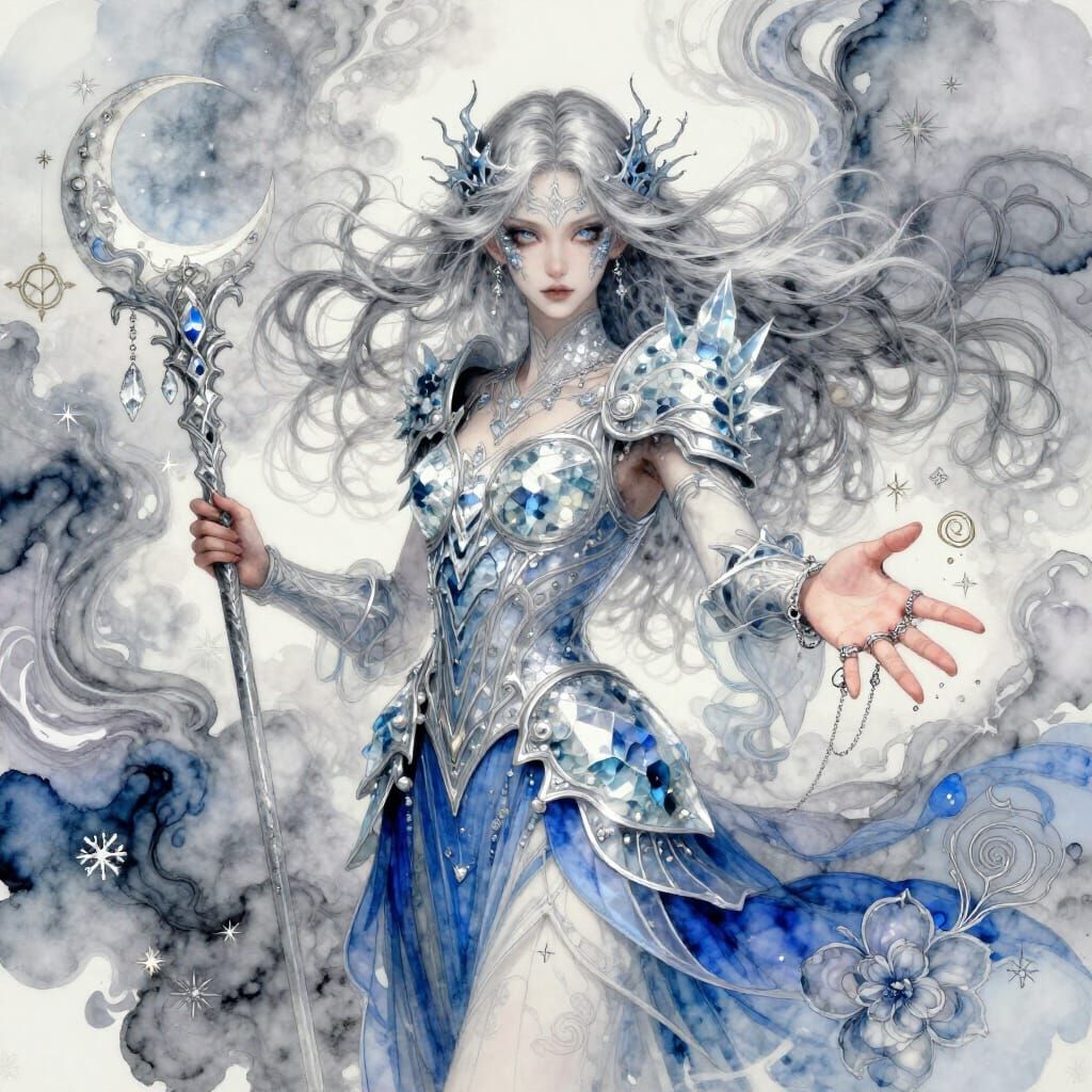 Ethereal Androgynous Warrior in Swirling Mists, Amano Style