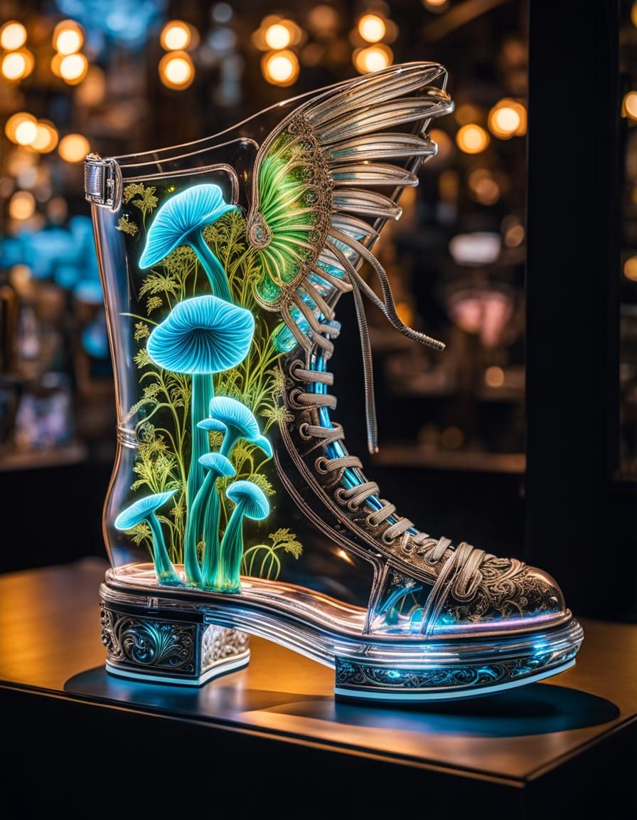 Bioluminescent Botanical Art on Transparent Shoe