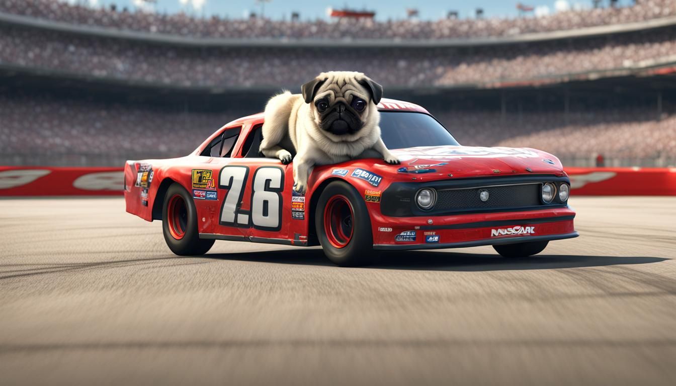 Pug Driving a Nascar Race Car