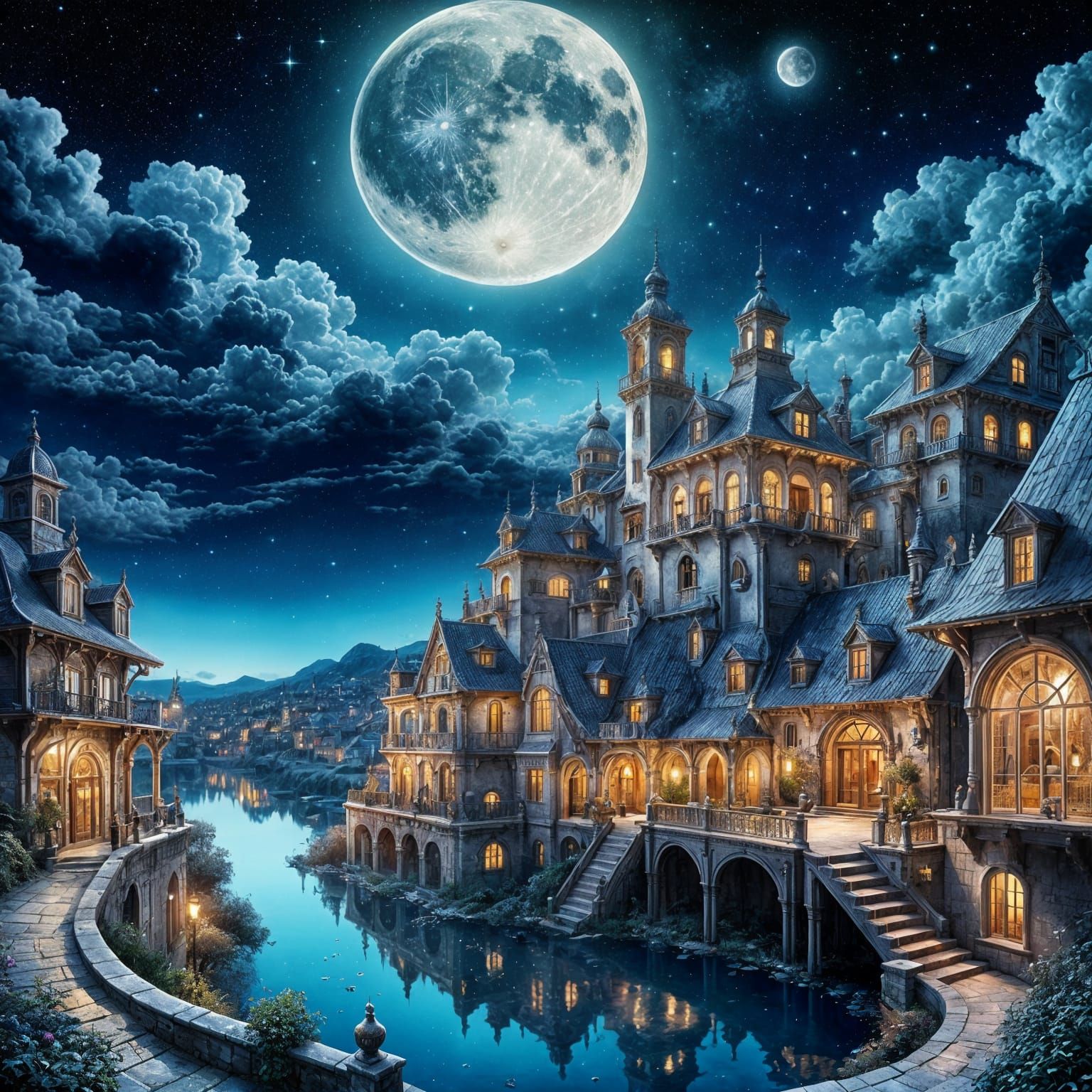 Intricate Moon Over Magic Clock Town, Salvador Dali Style