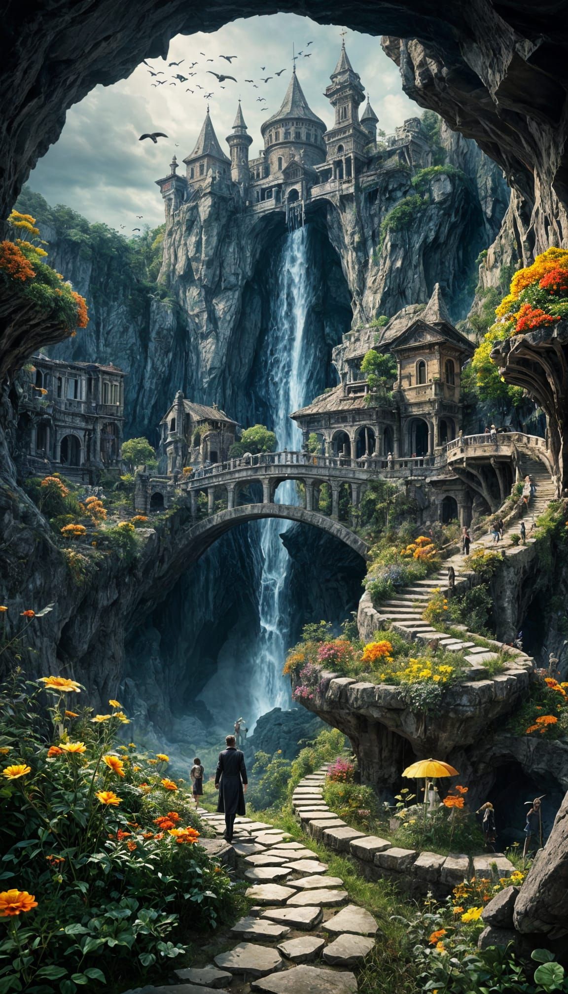 Lost Ancient City in Gigantic Cavern, Realistic Human