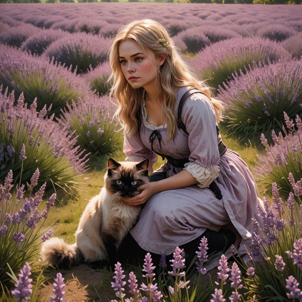 Girl in Lavender Field with Cat, Art Nouveau Style