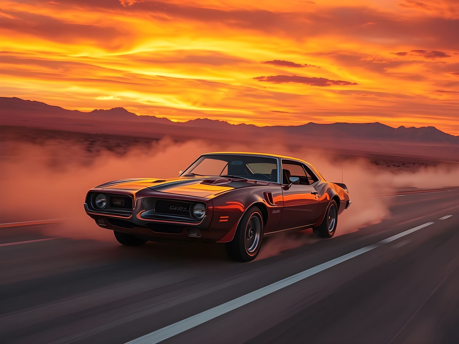 Pontiac Firebird Speeds Down Desert Road At Sunset