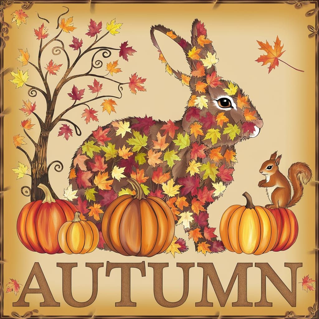 Autumnal Rabbit Surrounded by Pumpkins and Squirrel