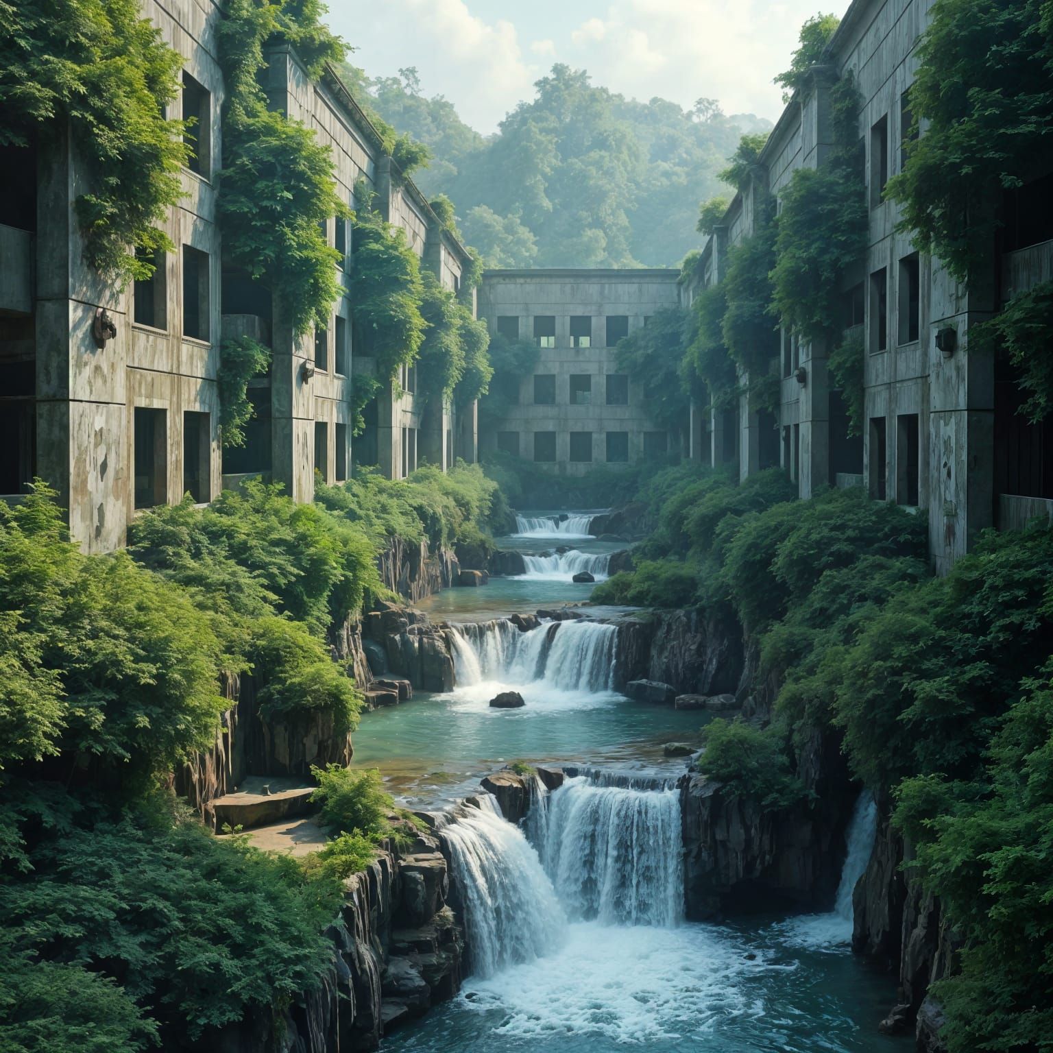 Waterfalls Encircle Abandoned Buildings
