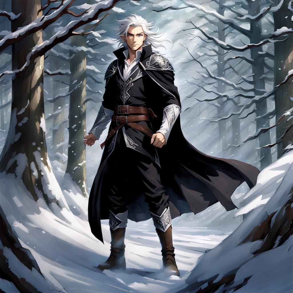 Elven Man in Snowy Forest Fantasy Anime