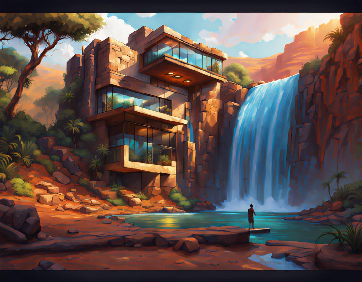 African Waterfall House: Hyperrealistic Concept Art