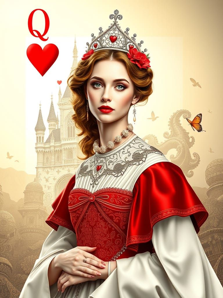 Queen of Hearts in White and Red Dress with Castle