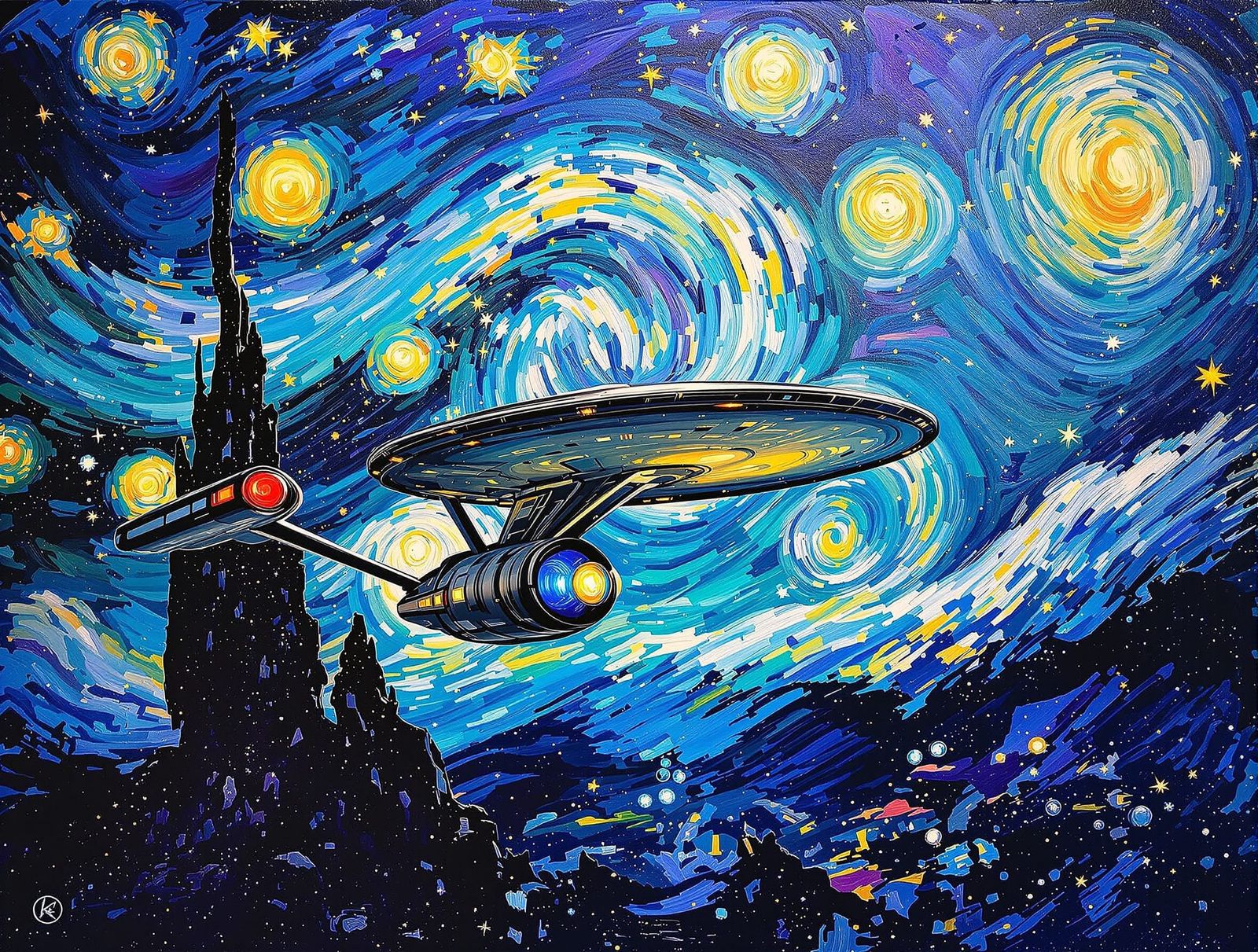 Van Gogh Style Starship Enterprise in Swirling Galaxy