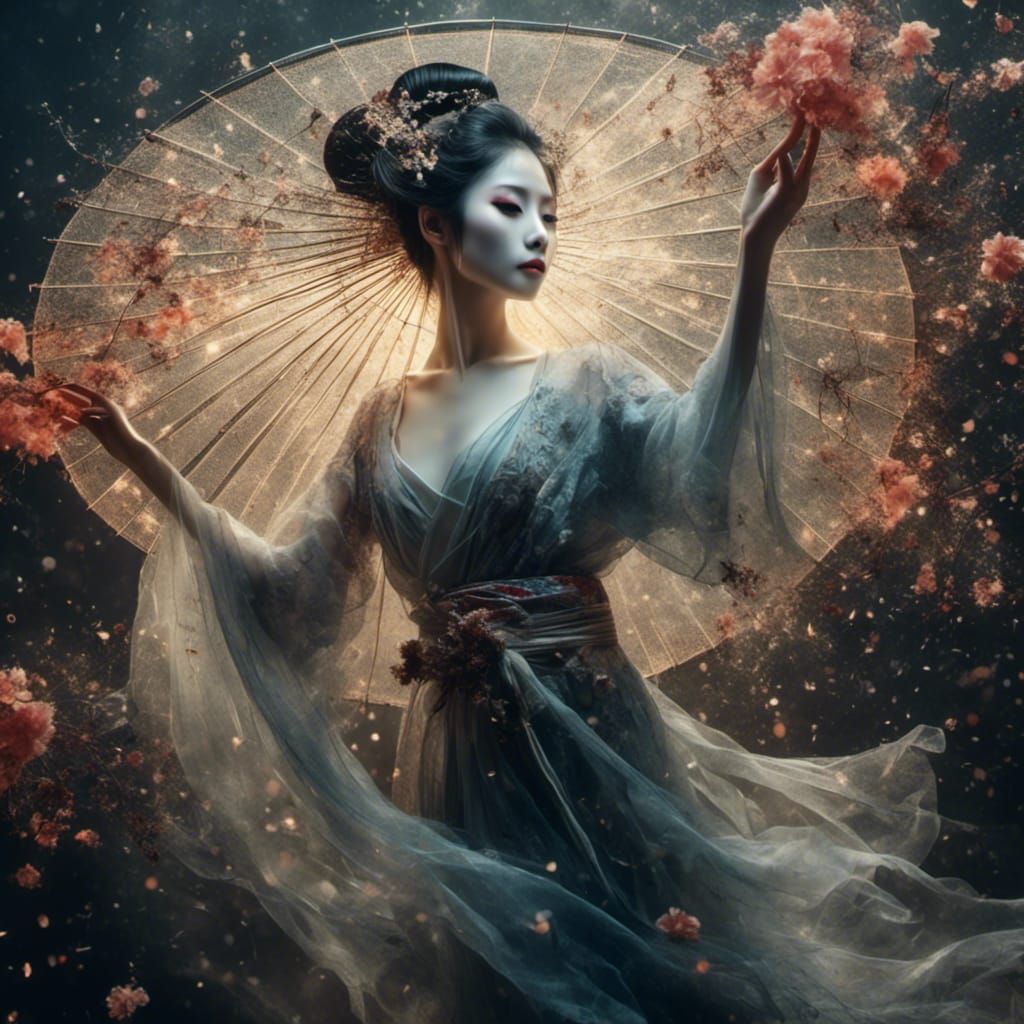 Ethereal Ghost Geisha Dancing in Moonlight