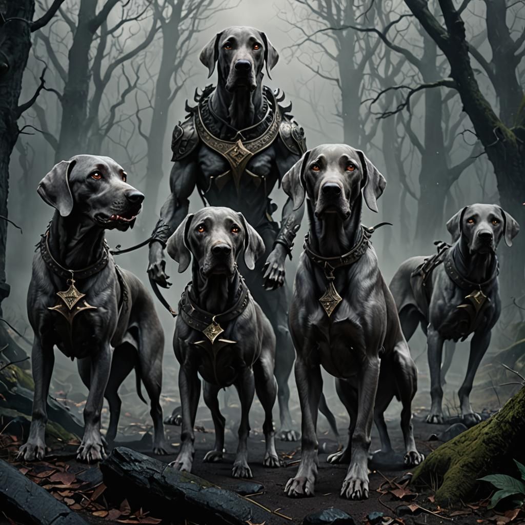Weimaraner Hellhounds in Dark Fantasy World
