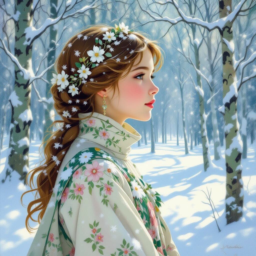 Art Nouveau Winter Scene: Girl in Snowy Forest