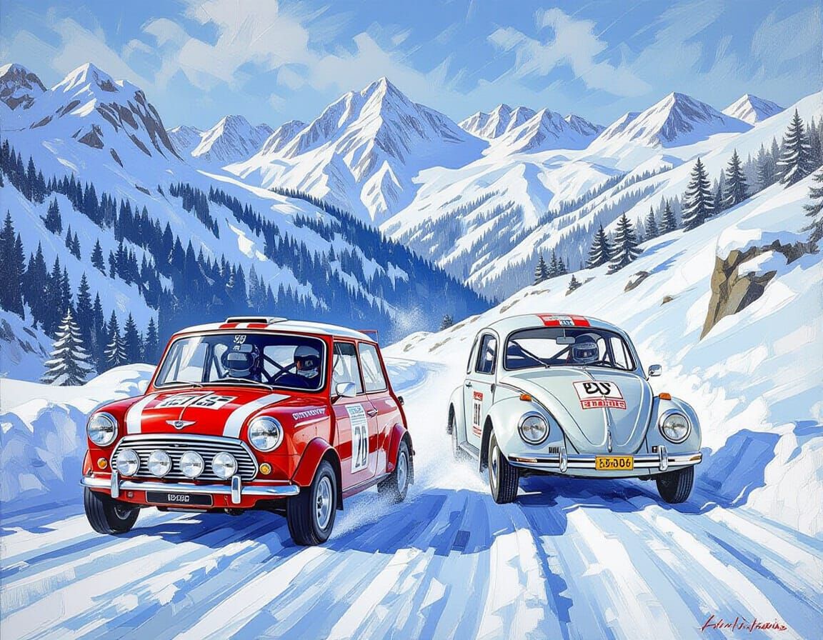 Textured Oil Painting of Rally Cars in Snowy Alps