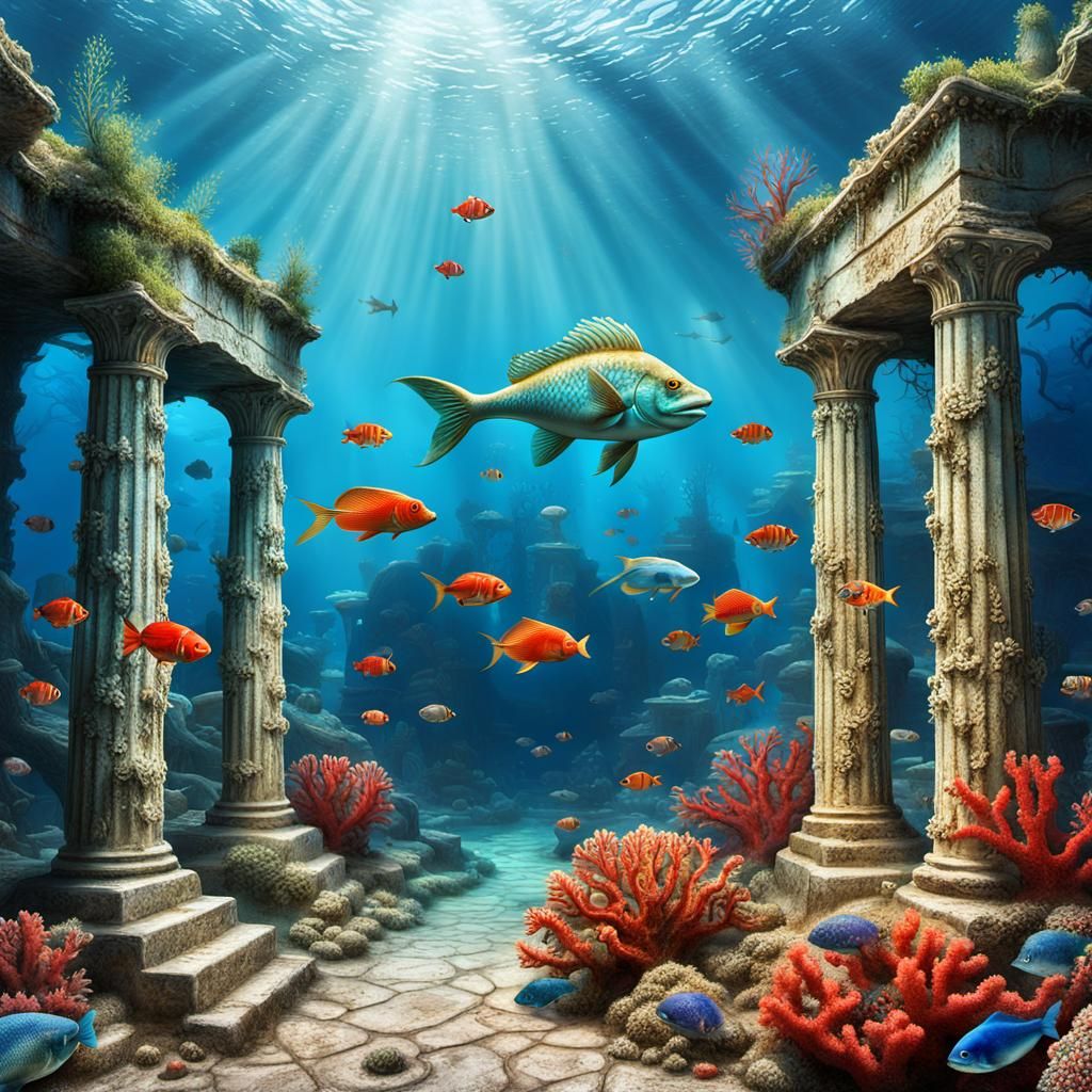 Underwater Mermaid in Dystopian Ancient Greek Ruins