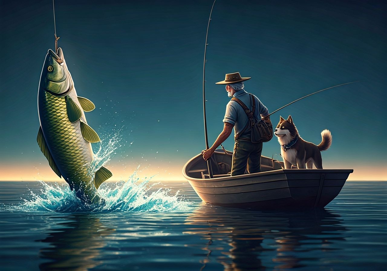 Elderly Fisherman Catches Giant Fish with Dog Companion