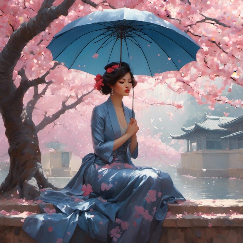 Serene Geisha Under Cherry Blossoms in Pastel Style