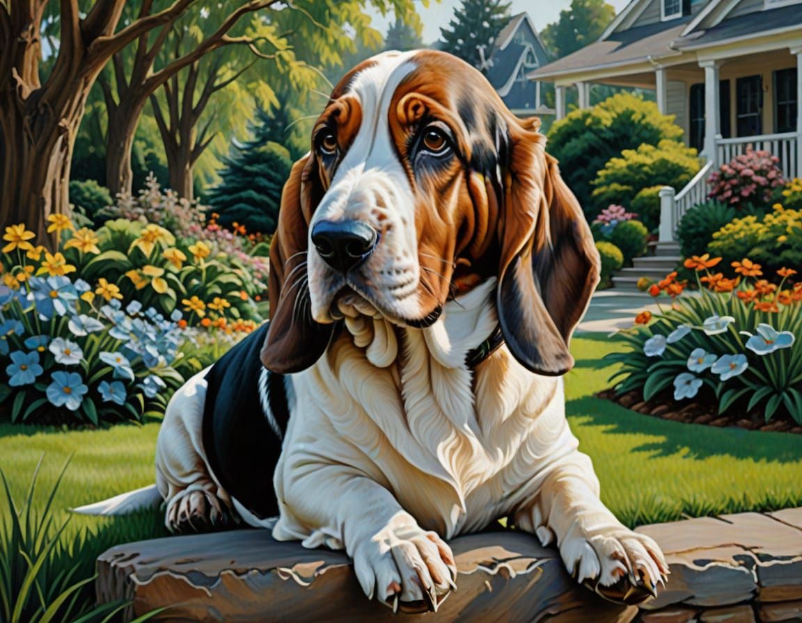 Basset Hound in Front Yard, Oil on Canvas Painting