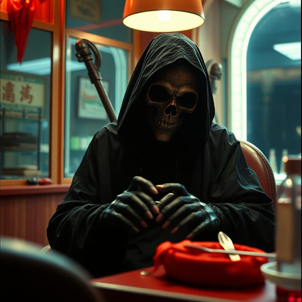 Grim Reaper at Beauty Shop: A Cinematic Still