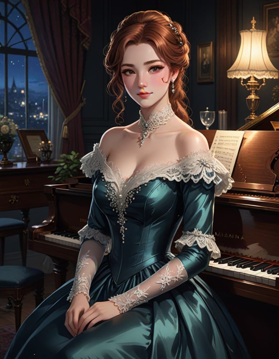 Elegant Victorian Beauty Plays Piano in Moonlit Parlor