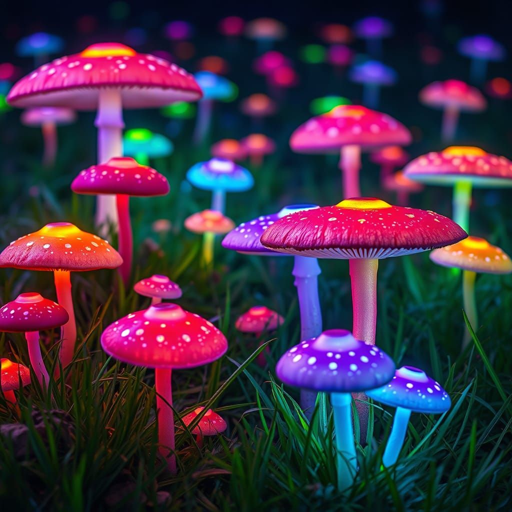 Vibrant Glowing Mushrooms in a Surreal Landscape