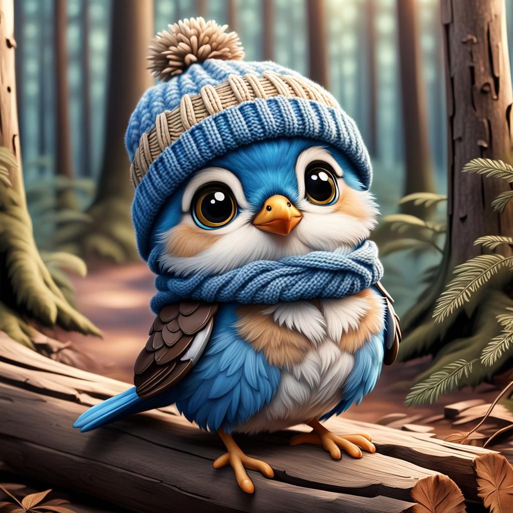 Chibi Woodland Bird in Knit Cap