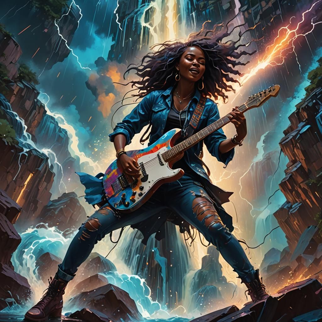Psychedelic Guitarist Against Electric Waterfall