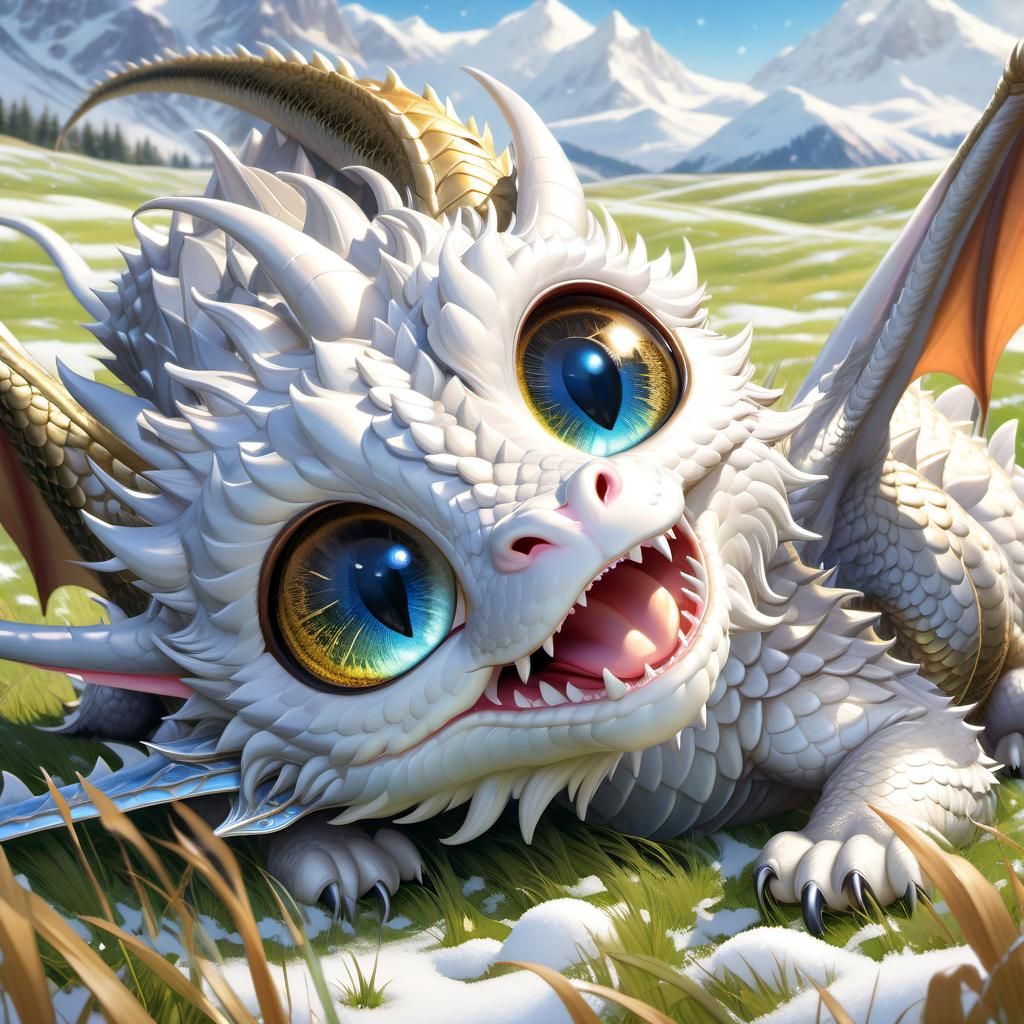 Adorable Dragon Rolls in Snowy Field, Anime Style