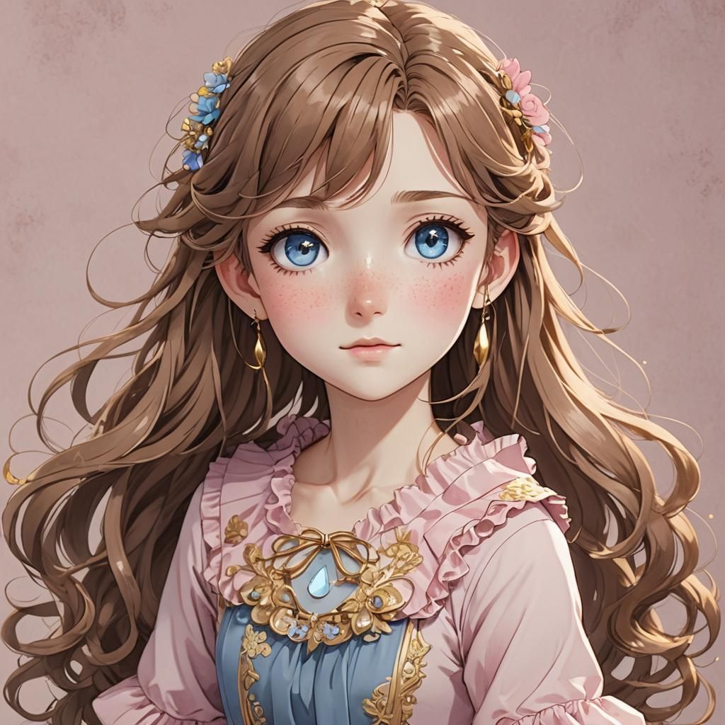 Anime Girl with Freckles in Pink Dress