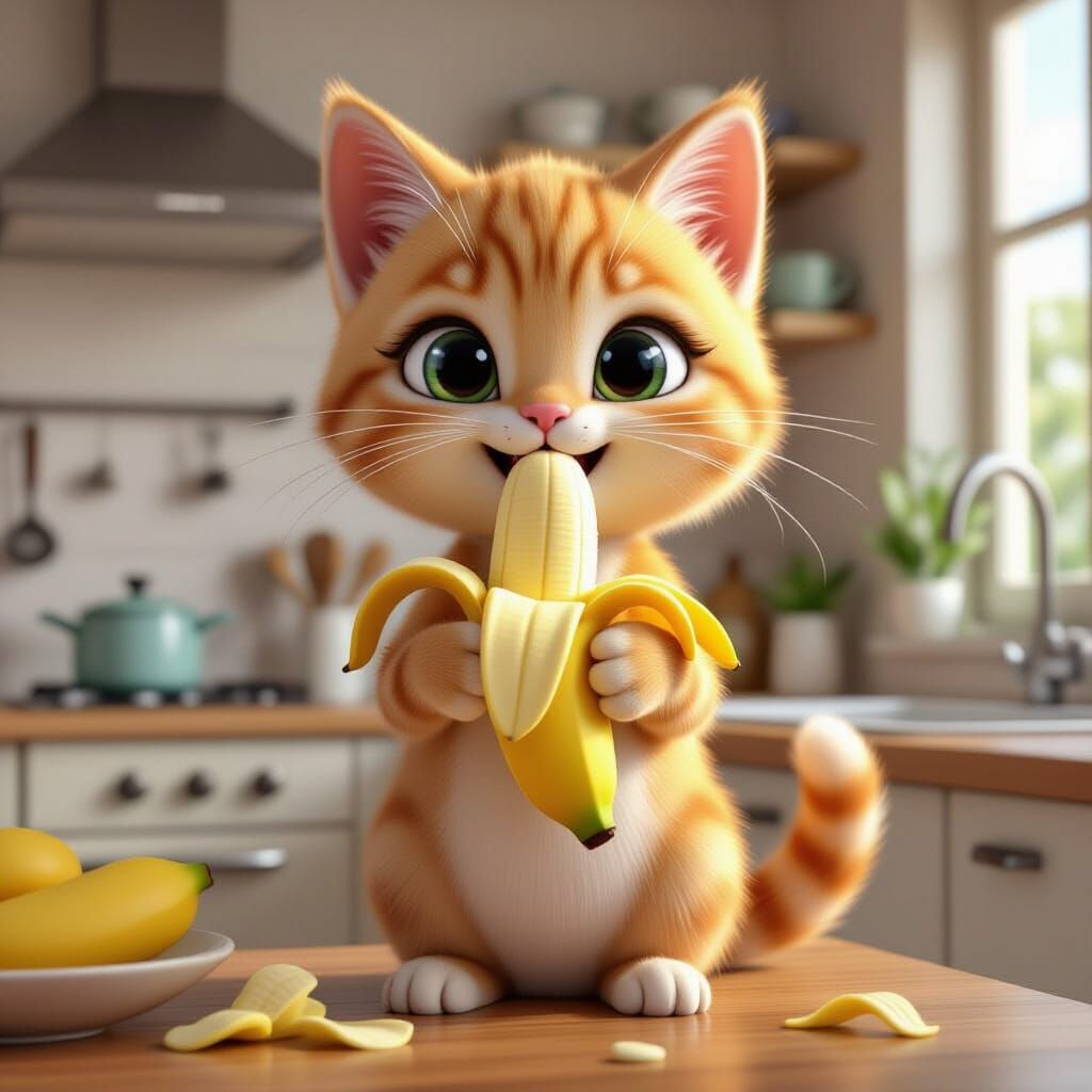 Cartoon Cat with Banana in Kitchen CGI