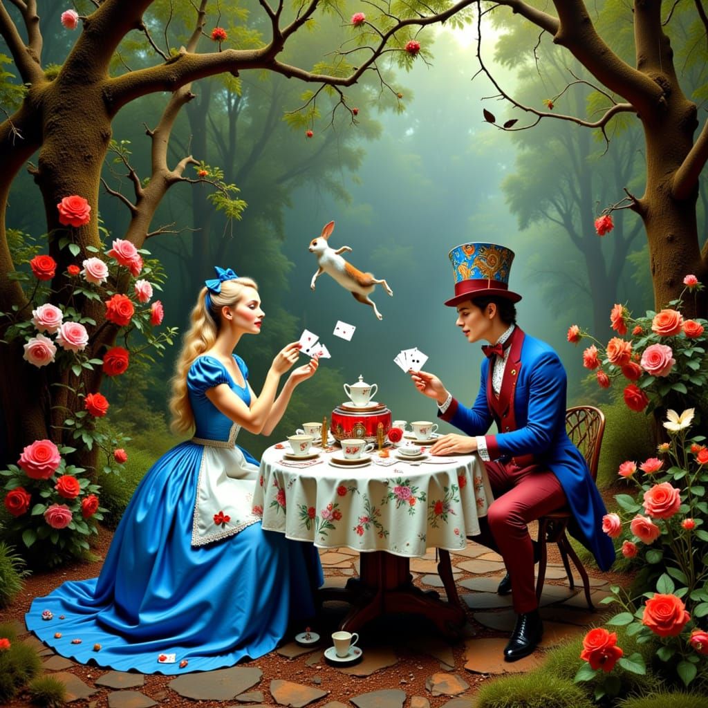 Alice's Surreal Tea Party with Mad Hatter and White Rabbit