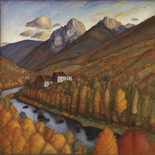 Autumnal Mountain Landscape in Expressionist Style