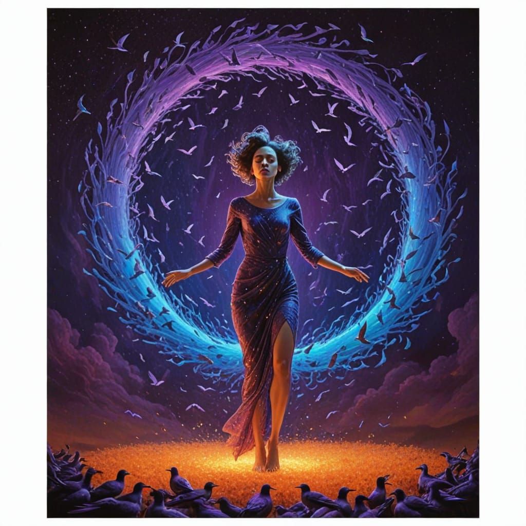 Woman Transforms into Birds Amidst Cosmic Energy