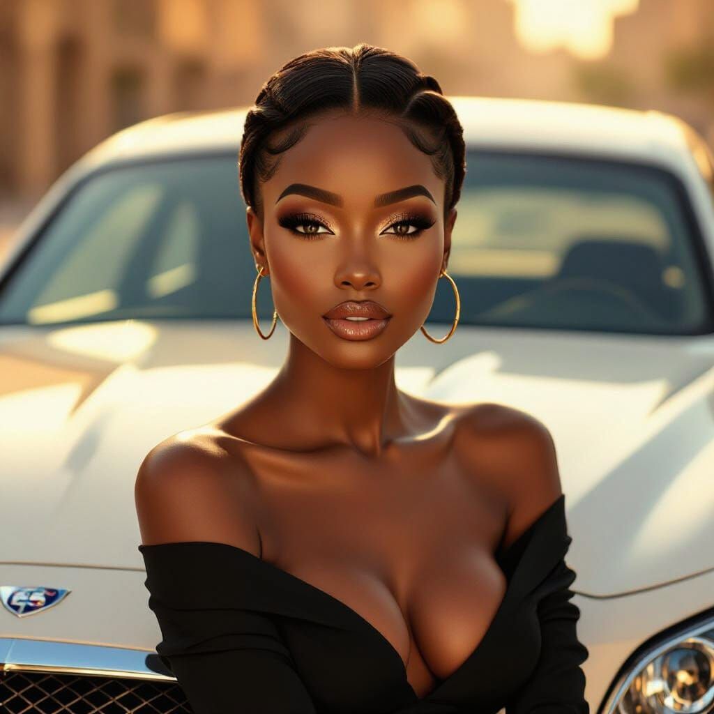 Nigerian Woman Poses on Luxury Car in Golden Hour Light