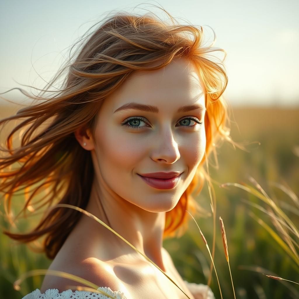 Radiant Woman in Windswept Field: Impressionistic Portrait