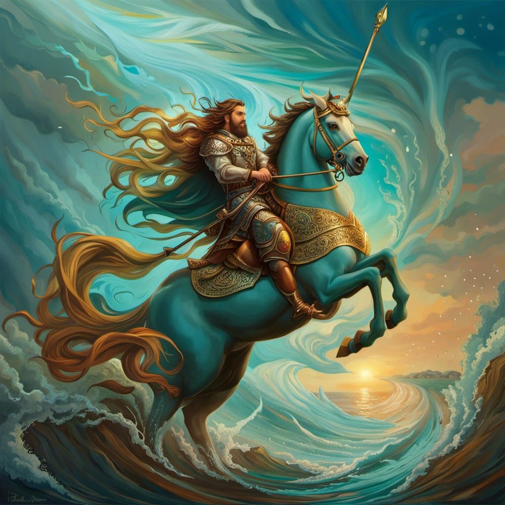Celtic Sea God on Seahorse, Fantasy Digital Art