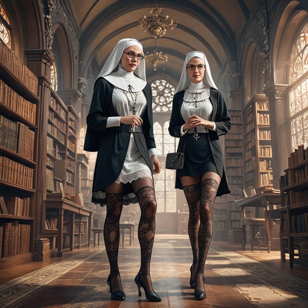 Nun in Lace Lingerie in Library: Detailed Matte Painting