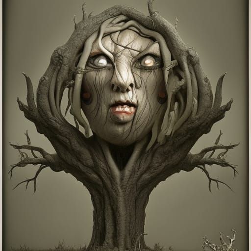 Creepy Faces in Tree, Grotesque Fantasy Art