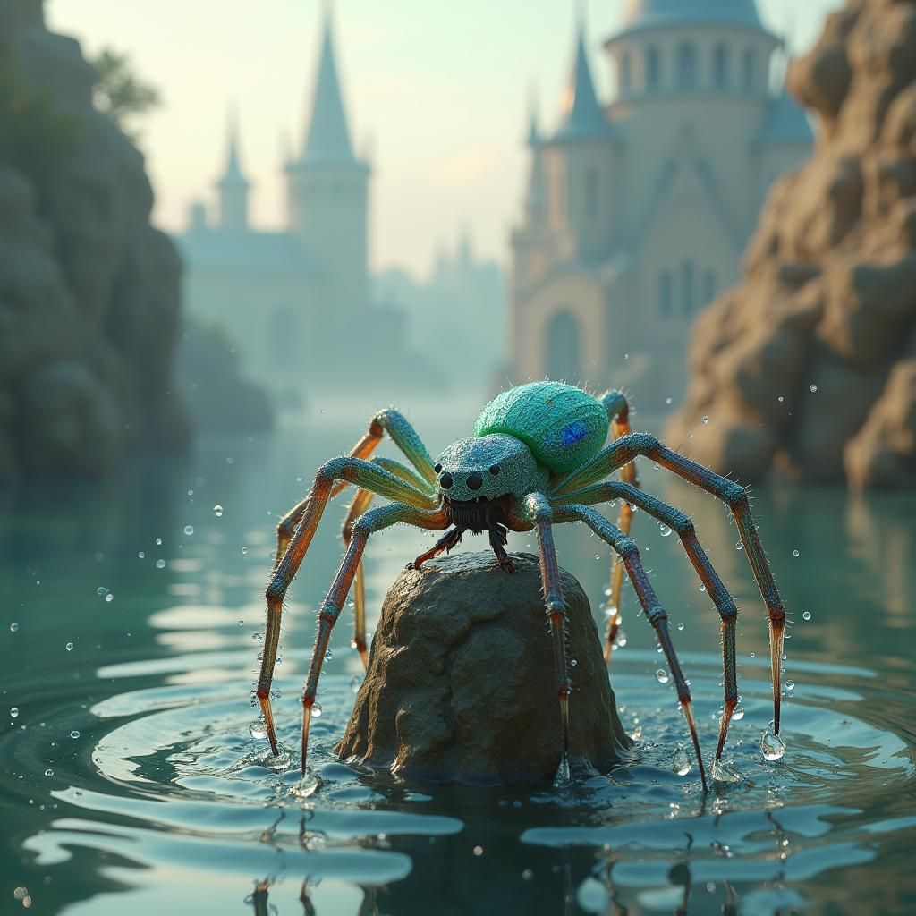 Iridescent Spider on Waterspout with Cityscape Backdrop