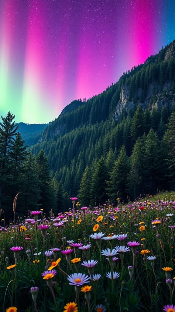 Hyperrealistic Mountain Aurora with Wildflower Meadow