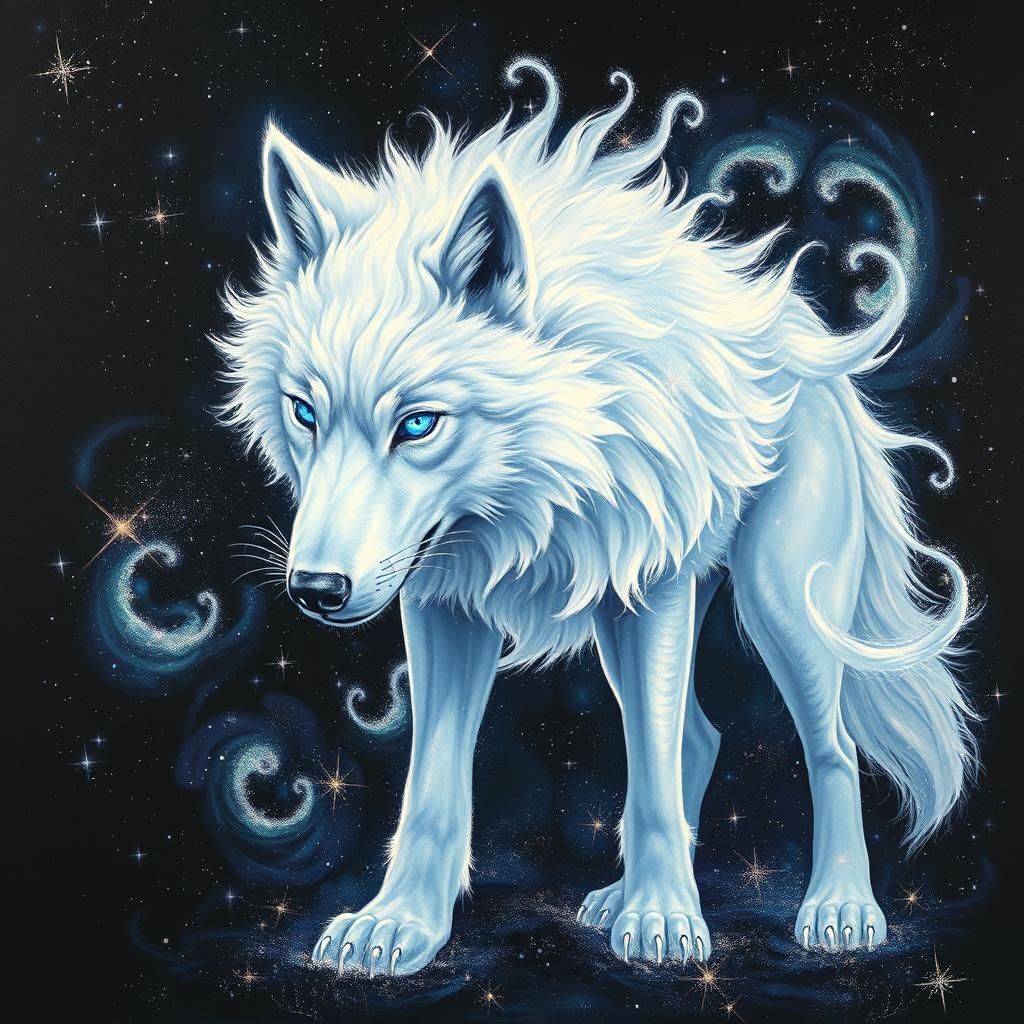 Glowing White Wolf Radiating Cosmic Energy in Graffiti Style