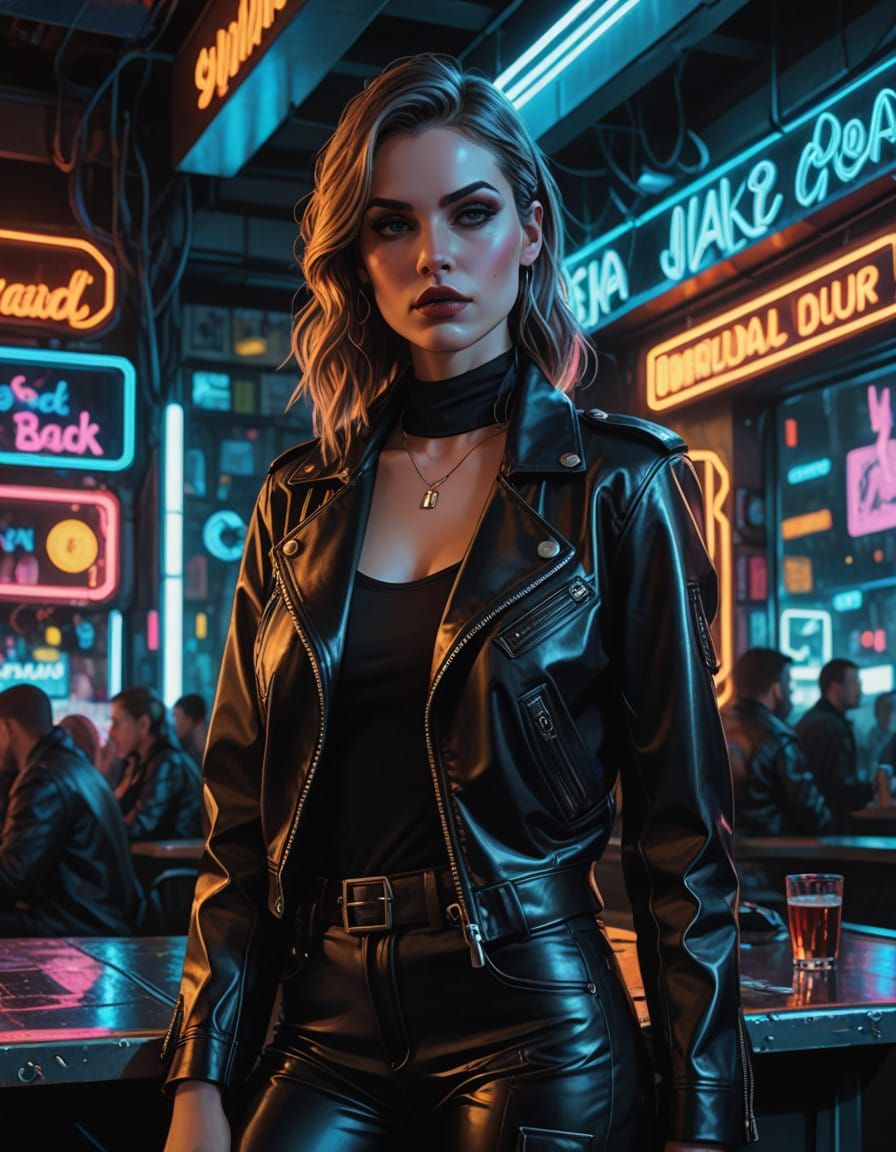 Futuristic Femme Fatale in Neon Lit Cyberpunk Bar