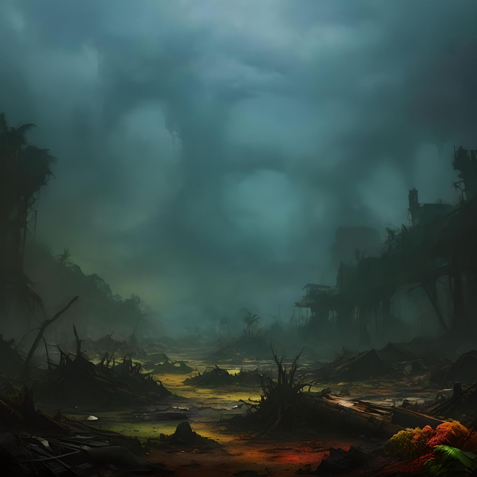 Polluted Tropical Landscape: A Grim Vision in Vivid Colors