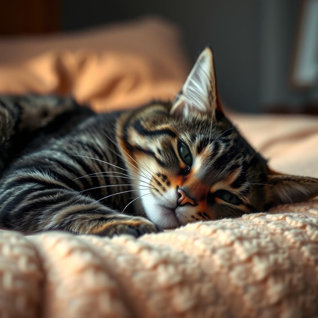 Realistic Tabby Cat Lying on a Bed