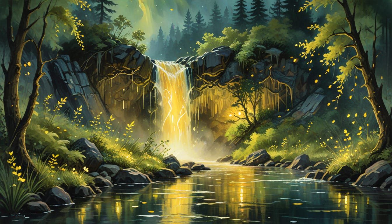 Ethereal Waterfall Scene with Fireflies under Starry Night S...